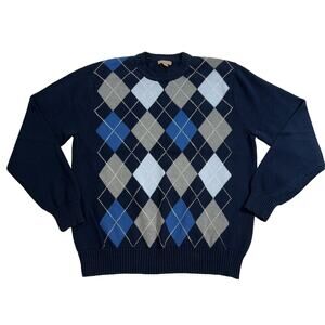 George Mens Argyle Sweater V Neck Pullover Long Sleeve Knit Blue Gray Large